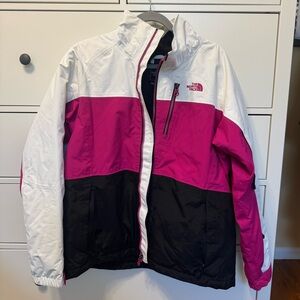 North face ski/snowboard jacket: white/pink/black, women’s XL